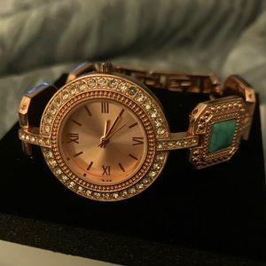 Golden turquoise, stone, diamond accent, watch